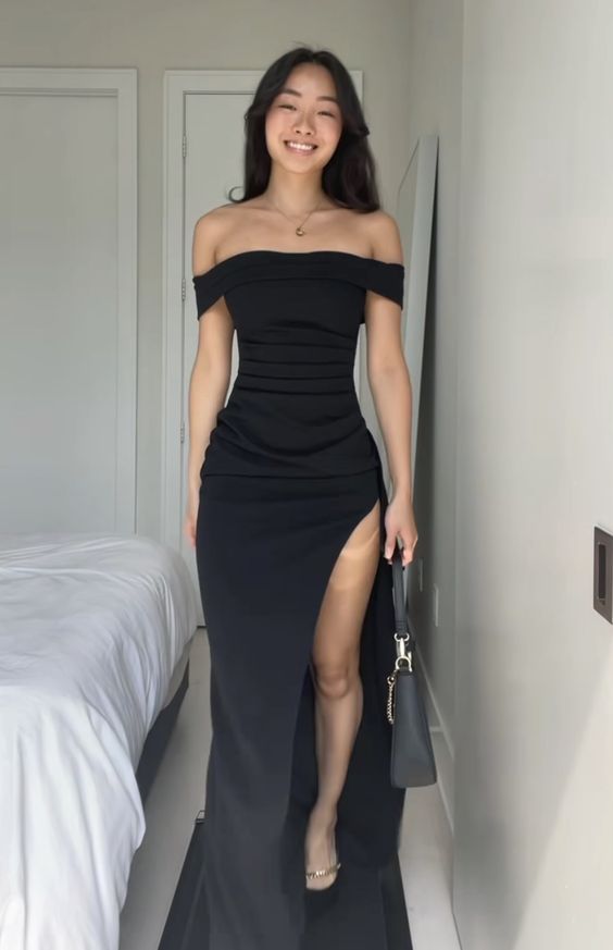 Black High Slit Mermaid Long Evening Prom Dresses, Off Shoulder Prom Dress S5142