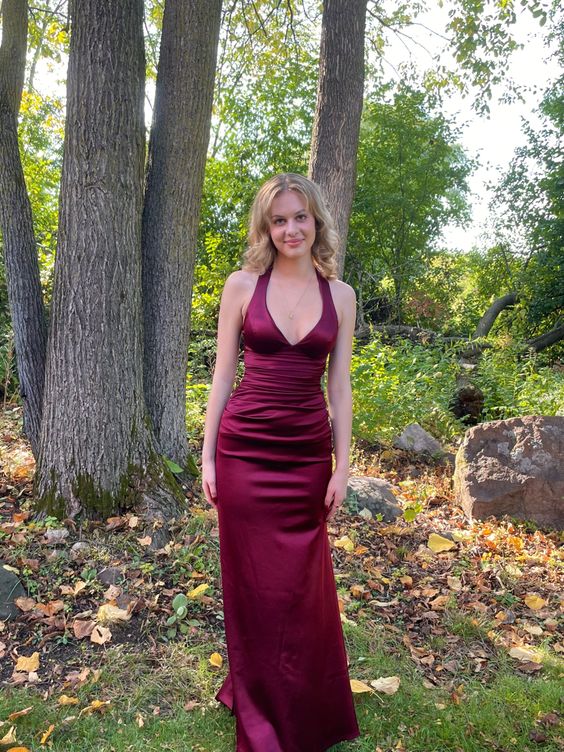 V Neck Satin Mermaid Long Evening Dress Burgundy Evening Dress S5252