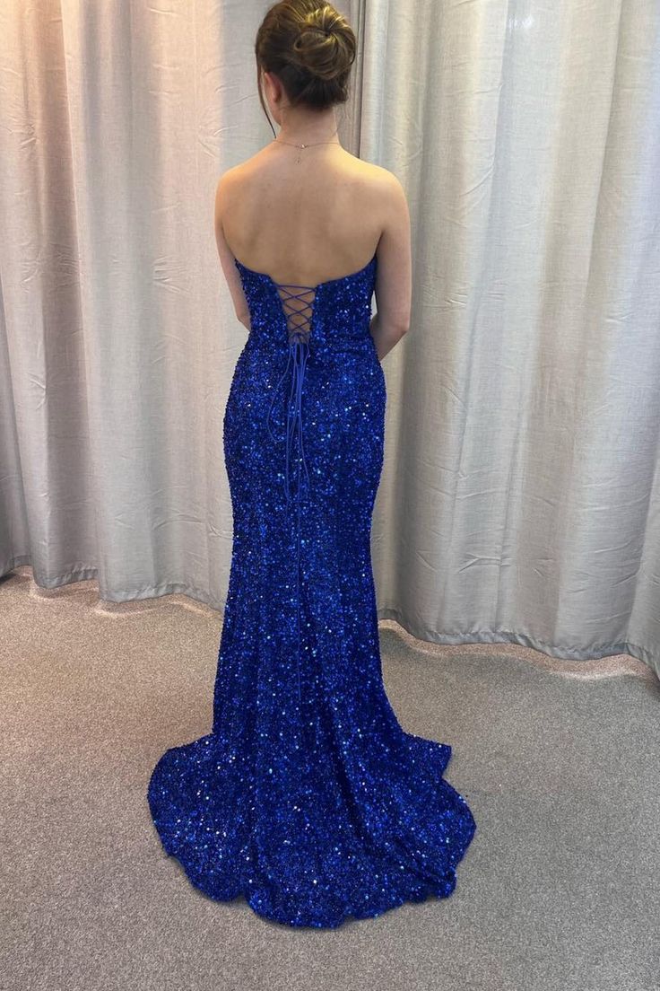 Sweetheart Royal Blue Sequin Mermaid Long Prom Dress with Lace Up Back S5321