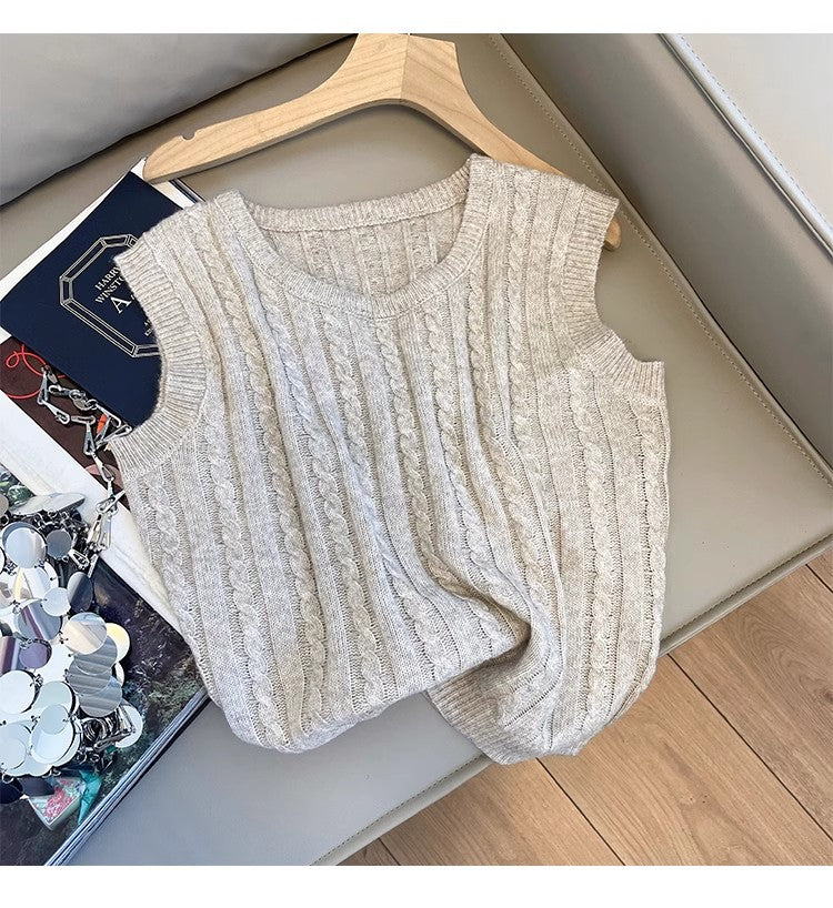 Solid Color Twist Sleeveless Knitted Vest Women's New Style Sweater Vest Trendy S5033