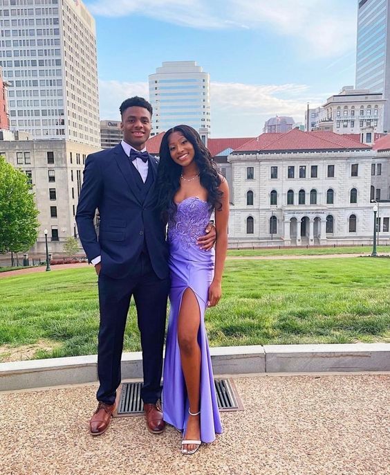 Purple Strapless Appliques Long Prom Dress with Slit S5107