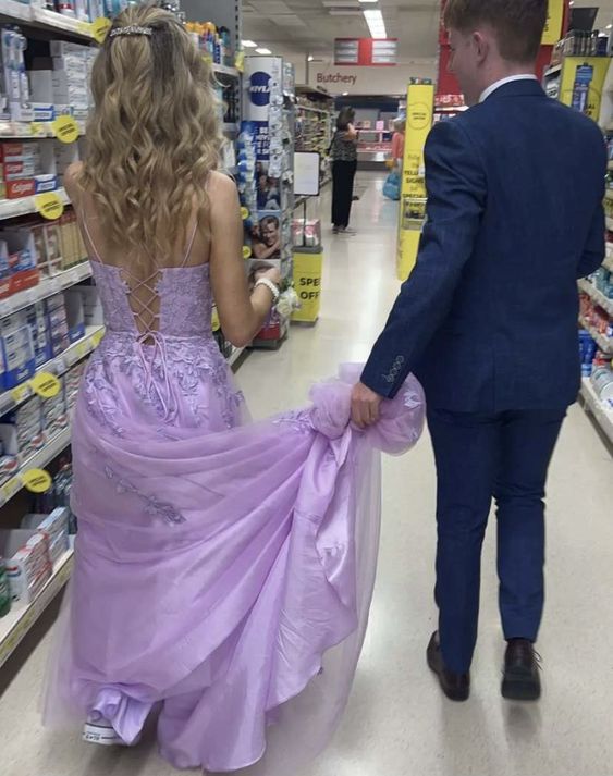 Purple prom dress tulle prom gown with lace appliqué S5209