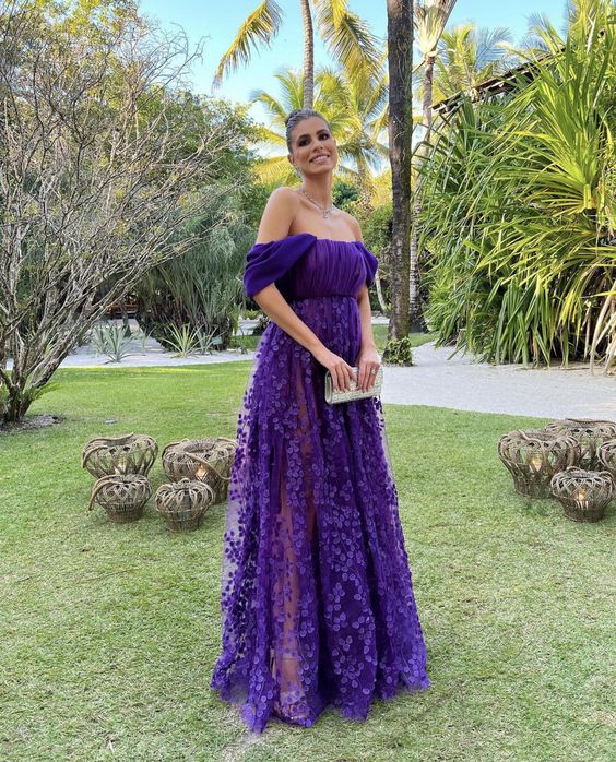 Purple A-Line Off Shoulder Floral Long Prom Dress Party Dress S5337