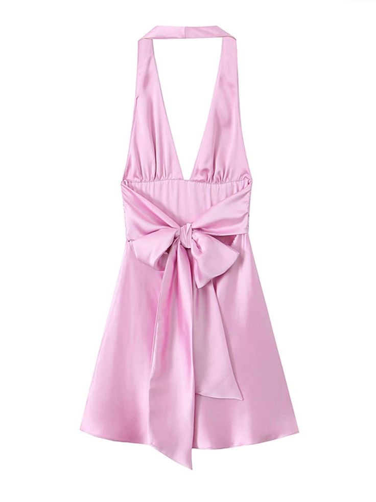 Satin Halter Mini Dress Women Backless Sleeveless Pink Party Dresses S5335