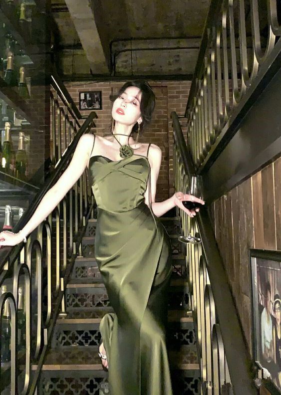 Mermaid Straps Satin Green Prom Dresses Formal Evening Dress S5244