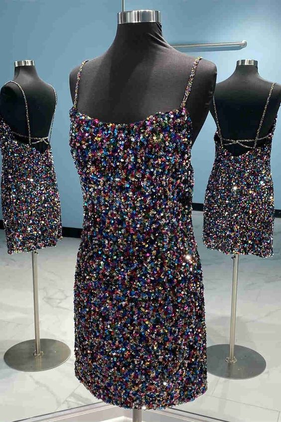 Chic Colorful Sequined Short Bodycon Dress S5322