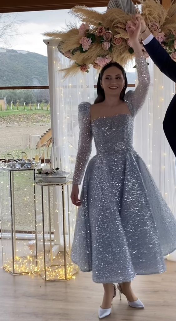 Shiny Sequin Ankle Length Prom Gowns Long Sleeve A Line Short Evening Party Dress for Women S5001