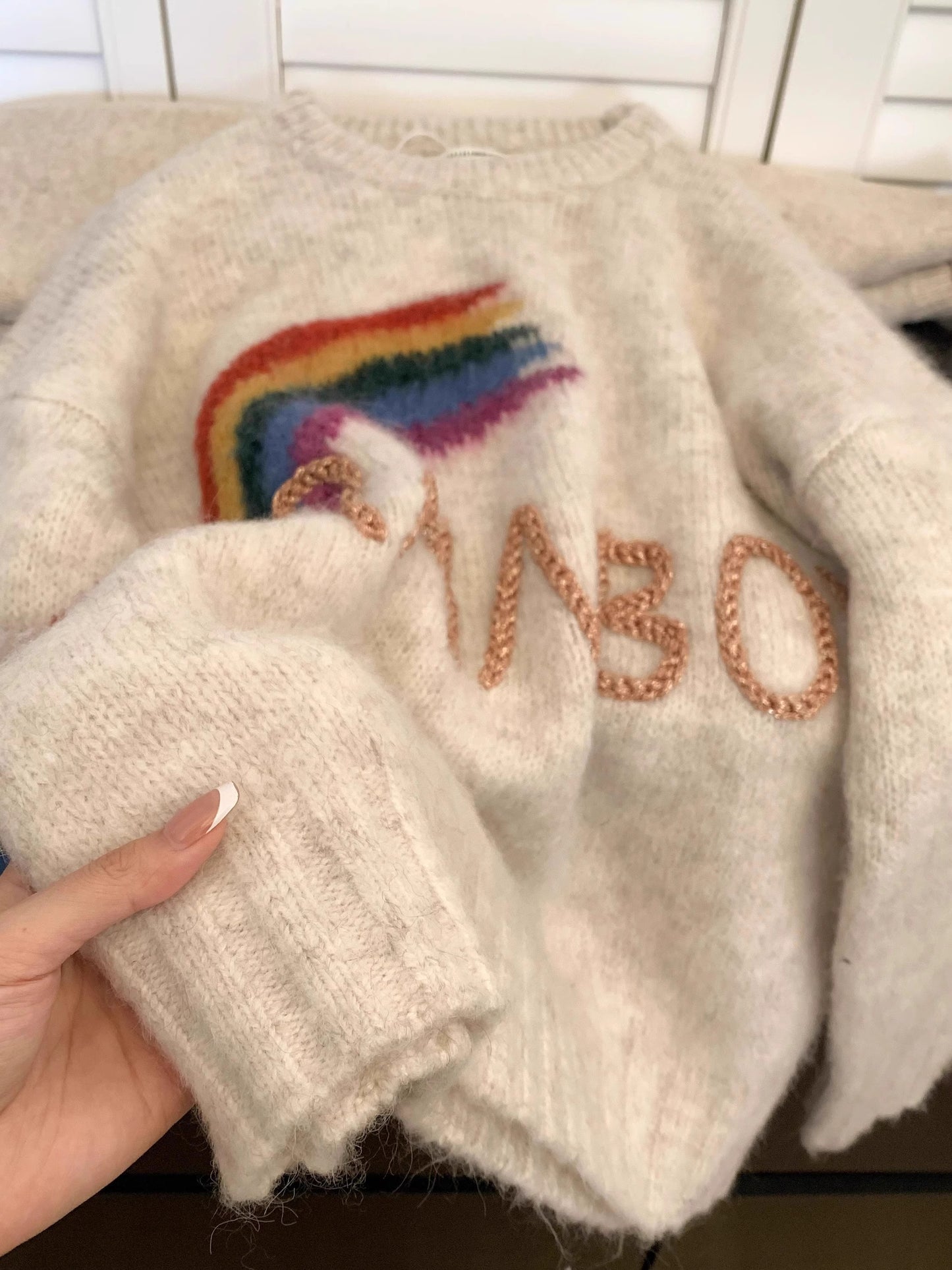 embroidered round neck pullover rainbow sweater for women     S5055