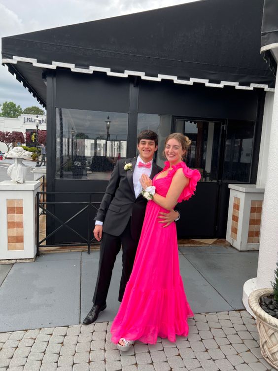 Ruffle Shoulder Plunging V Neck A-line Lace-Up Long Prom Dress S5265