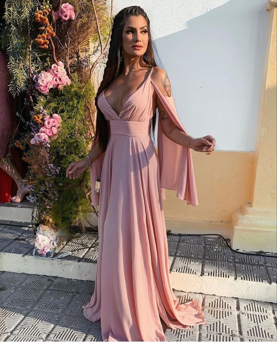 pink chiffon long prom dress, pink evening dress S4962