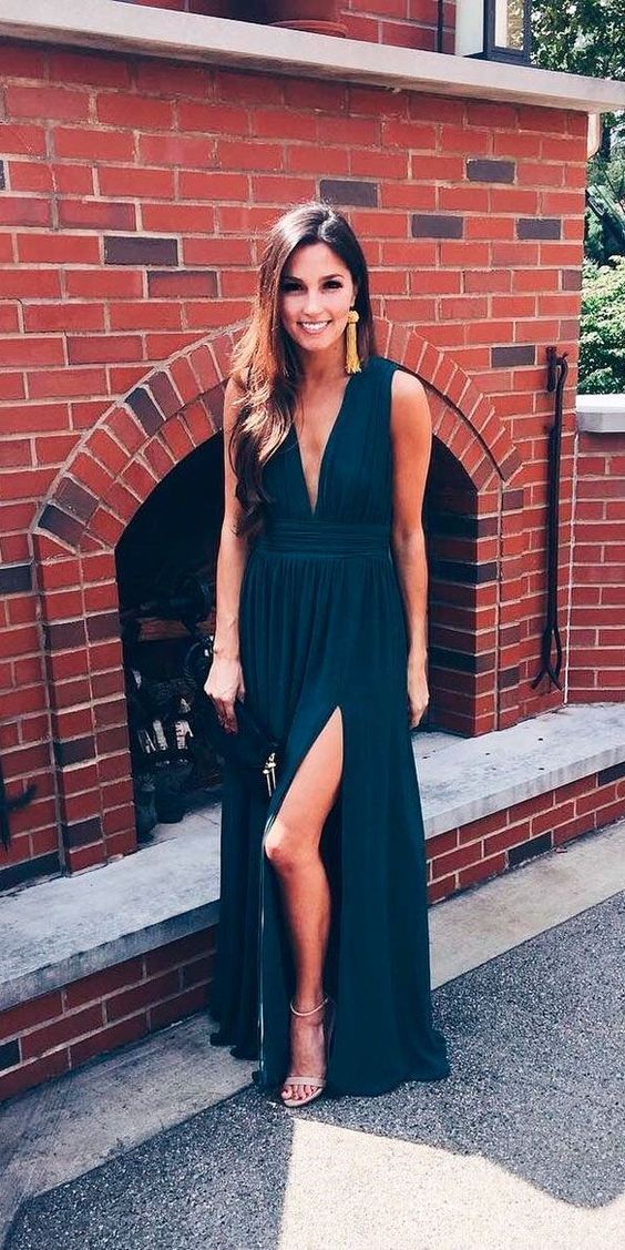 Stylish A-Line Deep V Neck Navy Blue Chiffon Long Prom Dresses With Side Split S5131