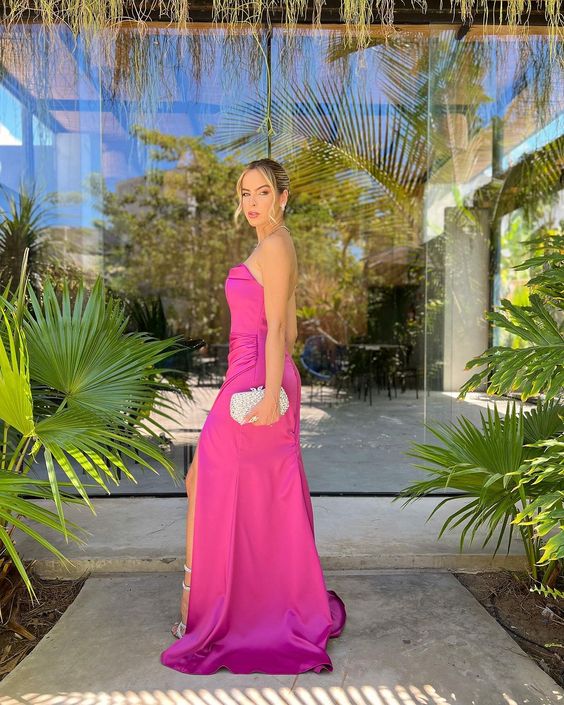 A line hot pink strapless long formal prom dress S5071