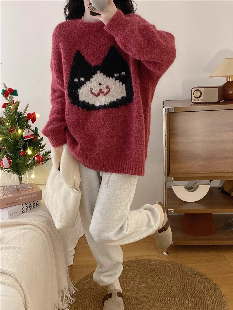 Cartoon cat embroidery soft sweater for women New Year red sweater top    S5058