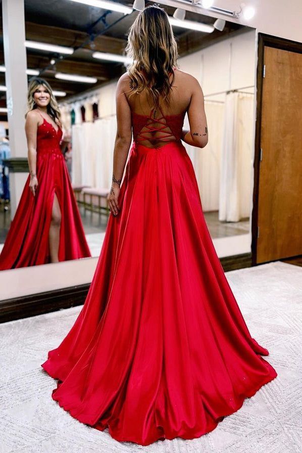 2024 Straps Satin Prom Dresses Long with Lace Top and Slit S4984