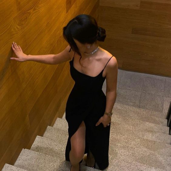 Simple A line Straps Party Dresses Black Long Slit Prom Dresses S5153