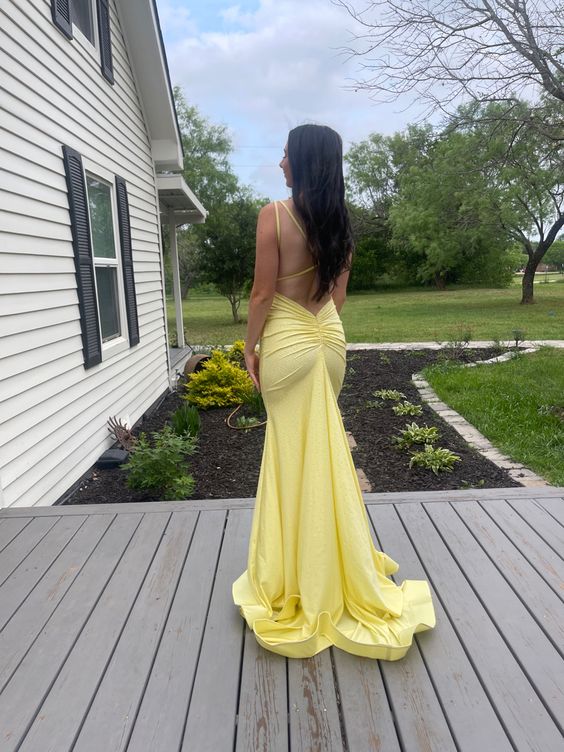 Mermaid Yellow Long Prom Dresses, Backless Yellow Prom Dresses Formal Evening Dresses S5229