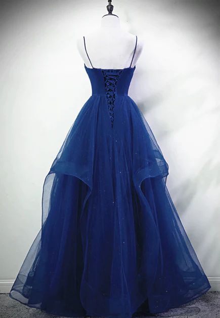 Blue A-line Straps Tulle Layers Long Evening Party Dress Hand Made Custom Long Prom Dress S5172