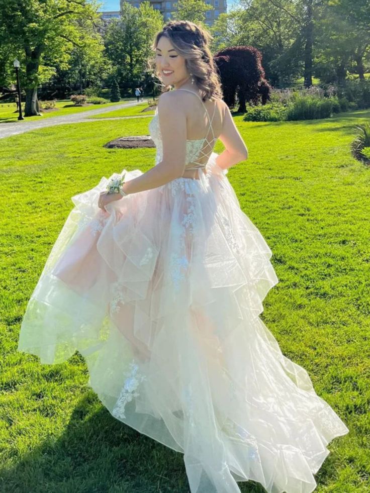 Lace Long Prom Dresses, Light Champagne Lace Formal Evening Dresses, Champagne Ball Gown S5361