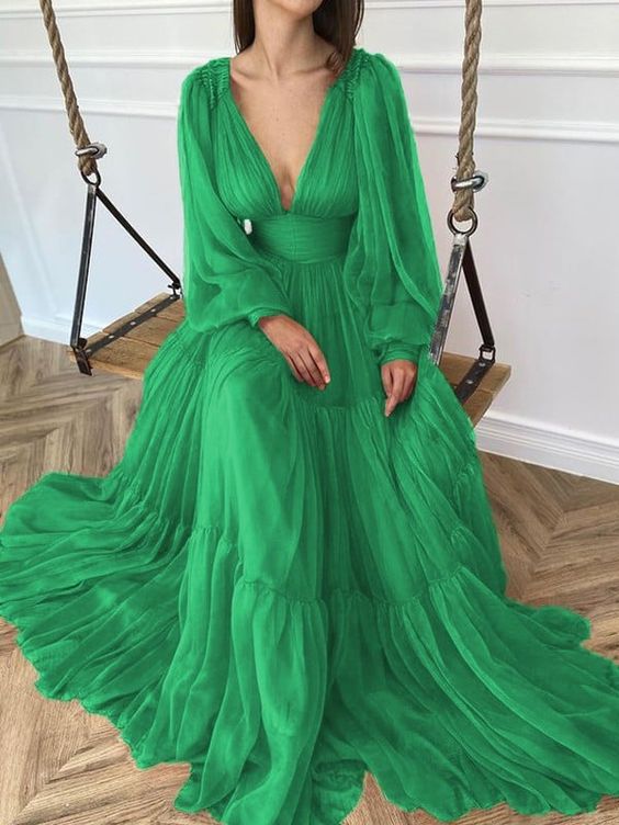 A-Line/Princess Sweep/Brush Train V-neck Long Sleeves 3D Chiffon Ruffles Dresses S4954