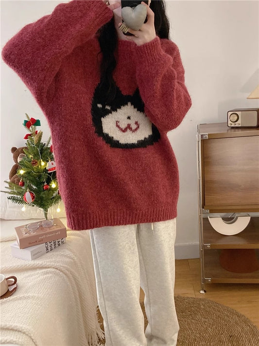 Cartoon cat embroidery soft sweater for women New Year red sweater top    S5058