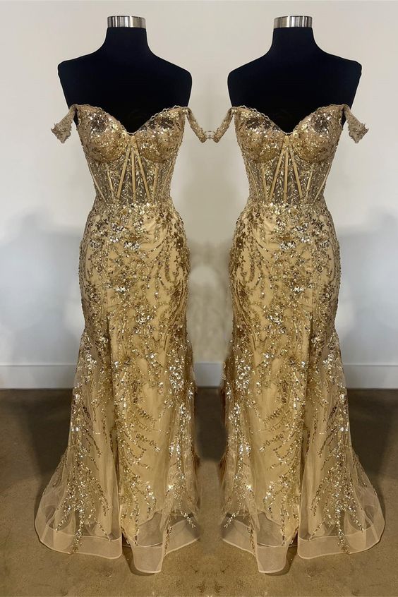 Off-Shoulder Sequined Floral Mermaid Long Prom Dress with Slit S5110