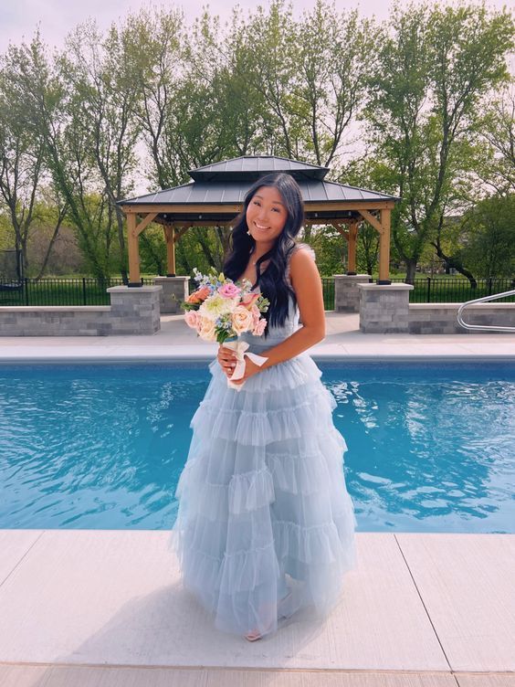 Light Blue Tulle Layered Long Prom Dress Elegant Evening Dress S5160
