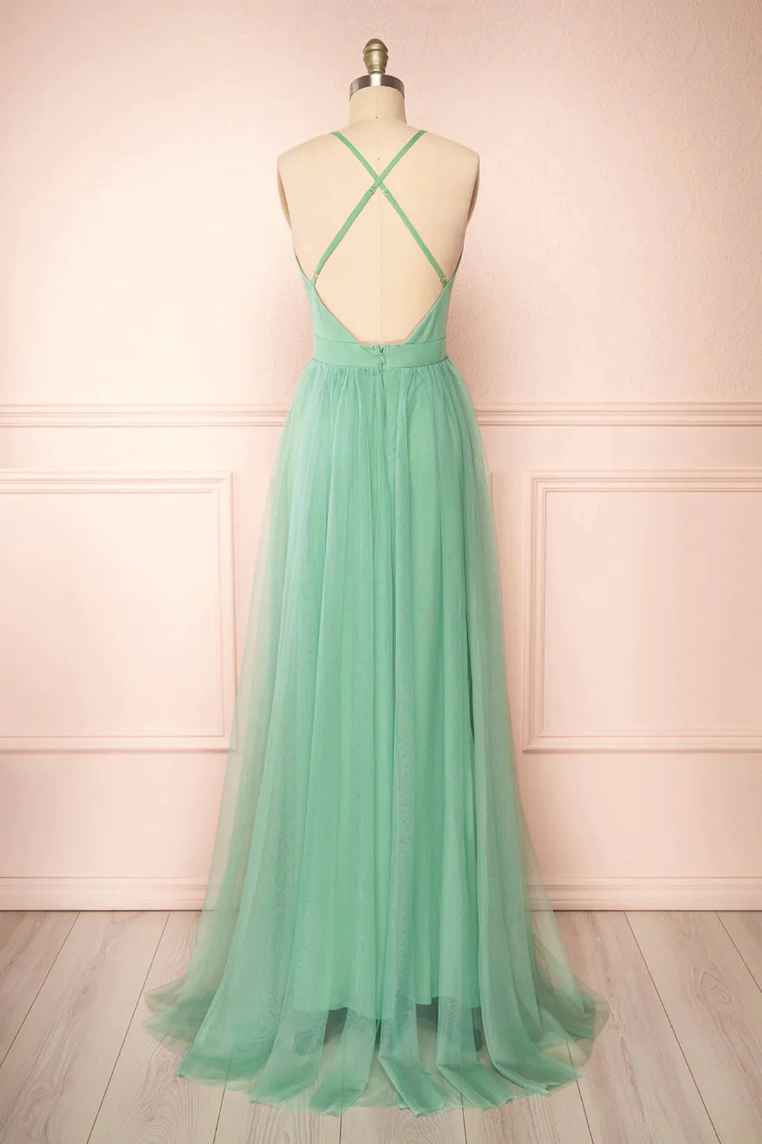 Sage Green V-neck Tulle Long Prom Dress, Simple Backless Evening Dress S4813