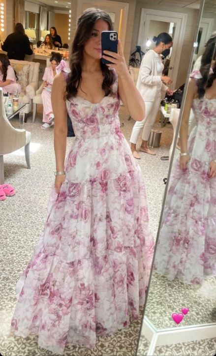 Cute Chiffon Floral Print Prom Dress Senior Evening Gown S5292