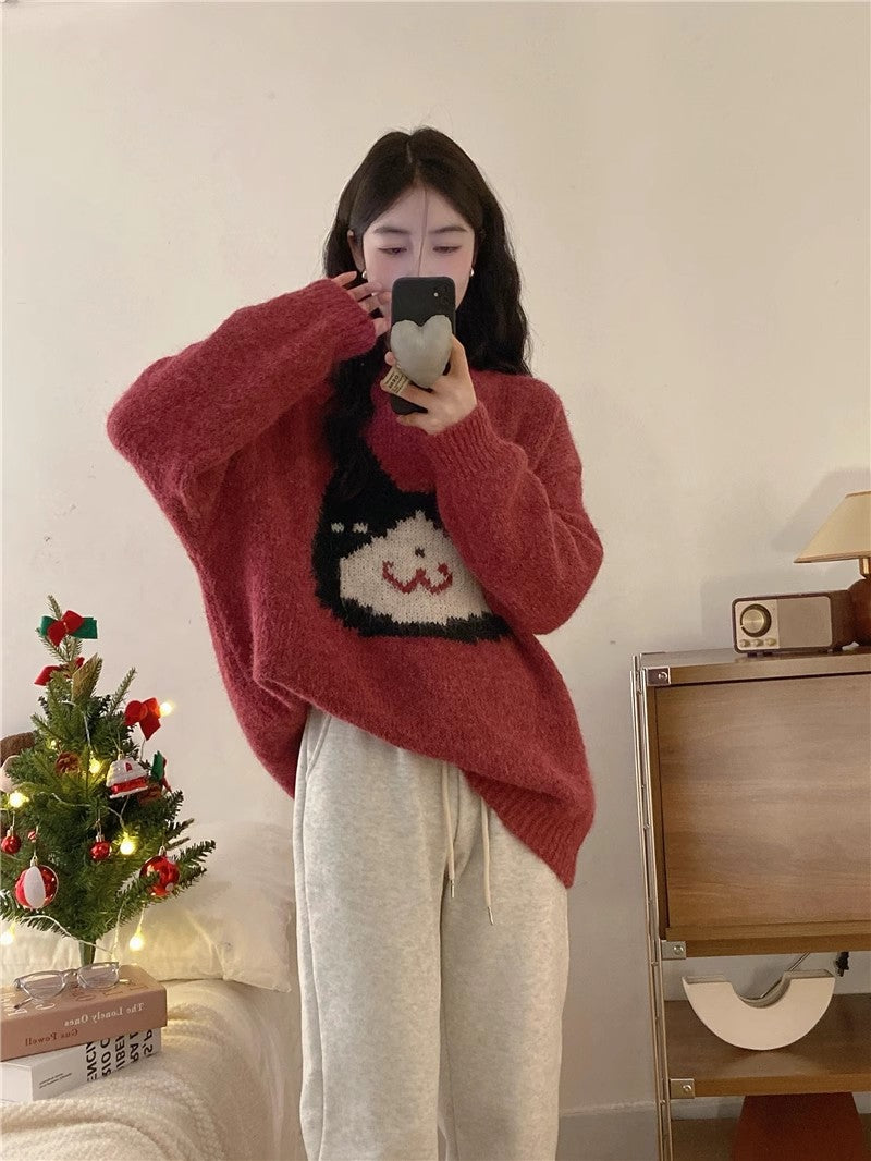 Cartoon cat embroidery soft sweater for women New Year red sweater top S5058