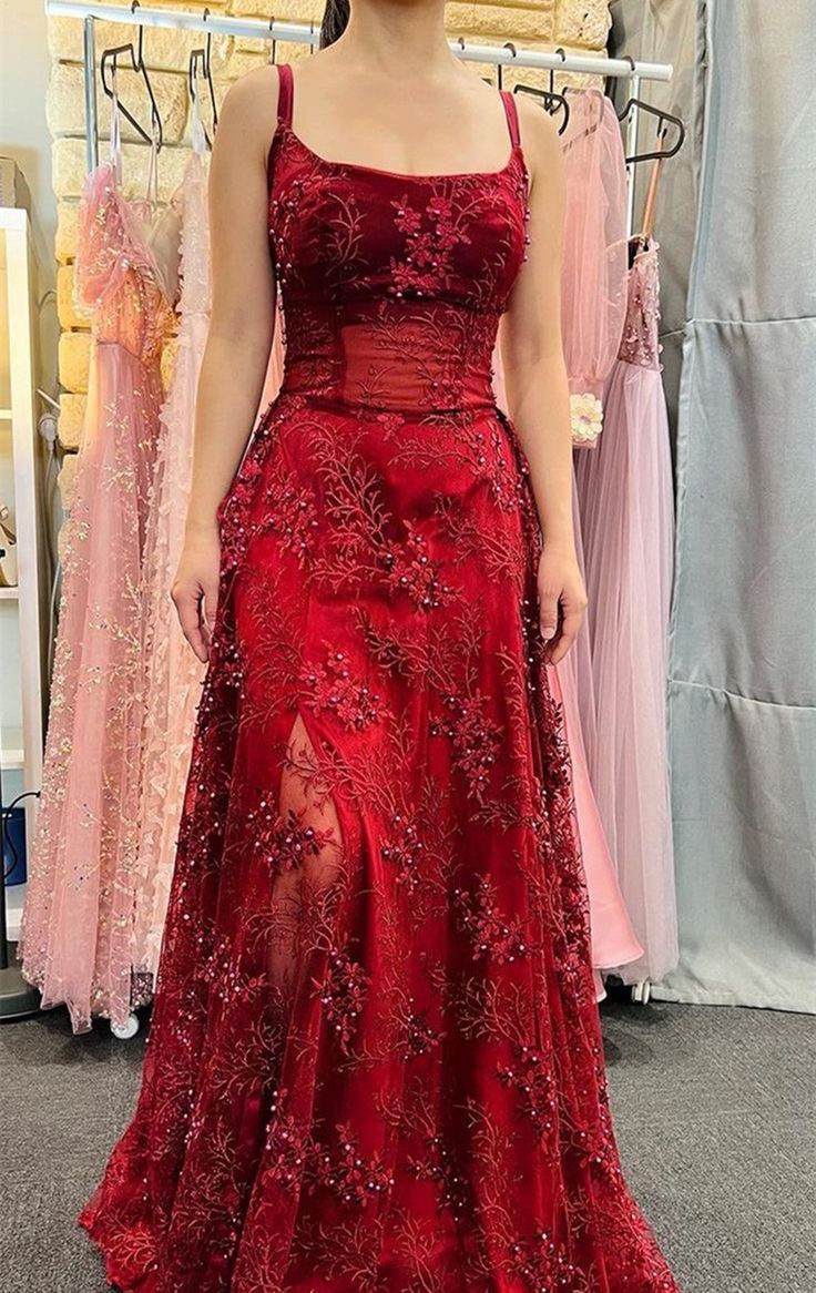 Wine Red Lace Scoop Straps A-Line Prom Dress, Wine Red Evening Dress S5176