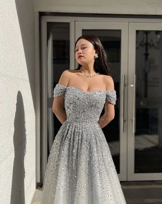 Gorgeous Off Shoulder Sequins Long Prom Dresses, Off Shoulder Formal Evening Dresses S5108