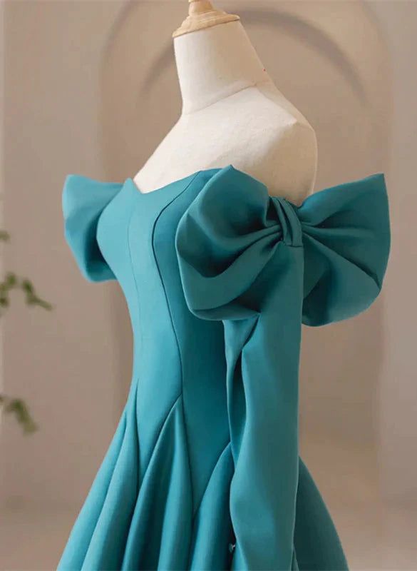 Teal Blue Long Sleeves with Bow A-line Sweetheart Prom Dress, Teal Blue Evening Dress S5171