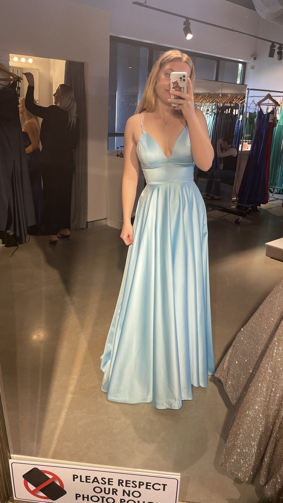 Classic Blue Spaghetti Straps V Neck Prom Dress,Sky Blue Satin Graduation Dress S5129