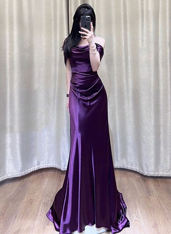 Purple Satin Off Shoulder Long Evening Dress, Purple Satin Prom Dress S5190