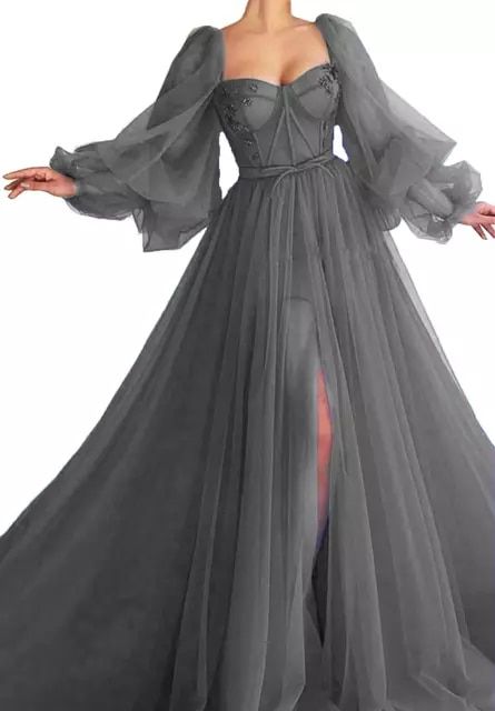 A-Line Gray Tulle Long Prom Dresses With Side Split S5133