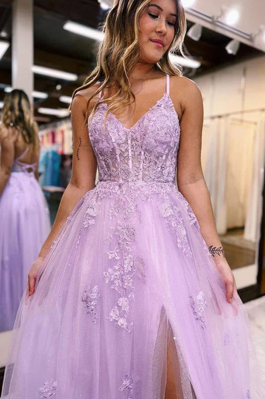 A-Line V Neck Lilac Tulle Long Slit Prom Dress Evening Dress     S4673