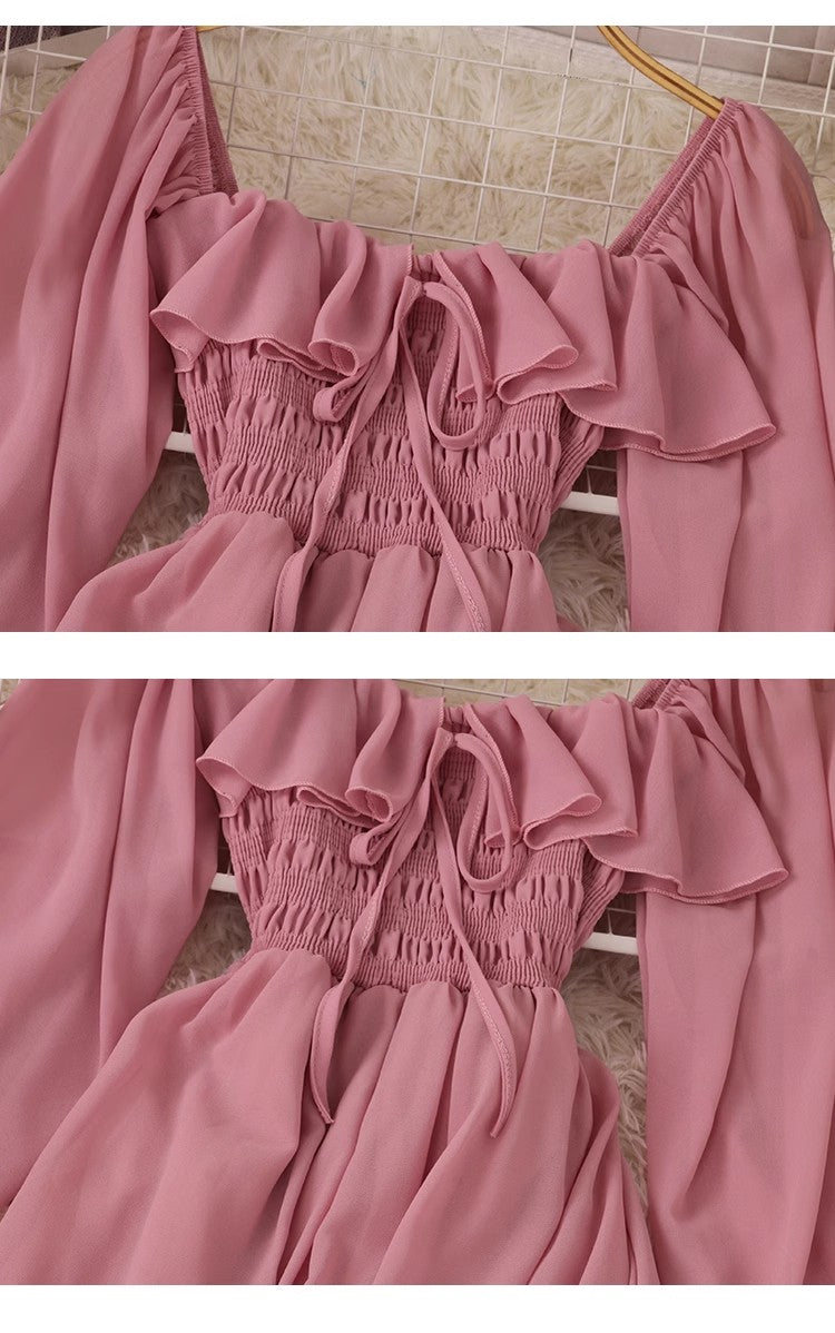 Chic Square Neck Puff Sleeve Chiffon Skirt S5037