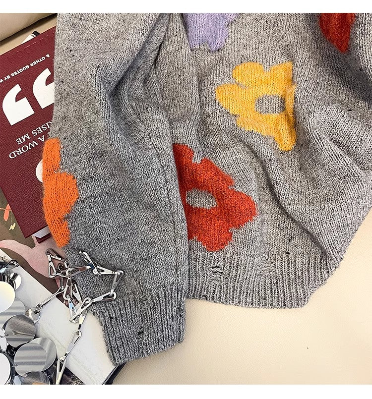 Sweet flower embroidered round neck sweater jacket for women S4917