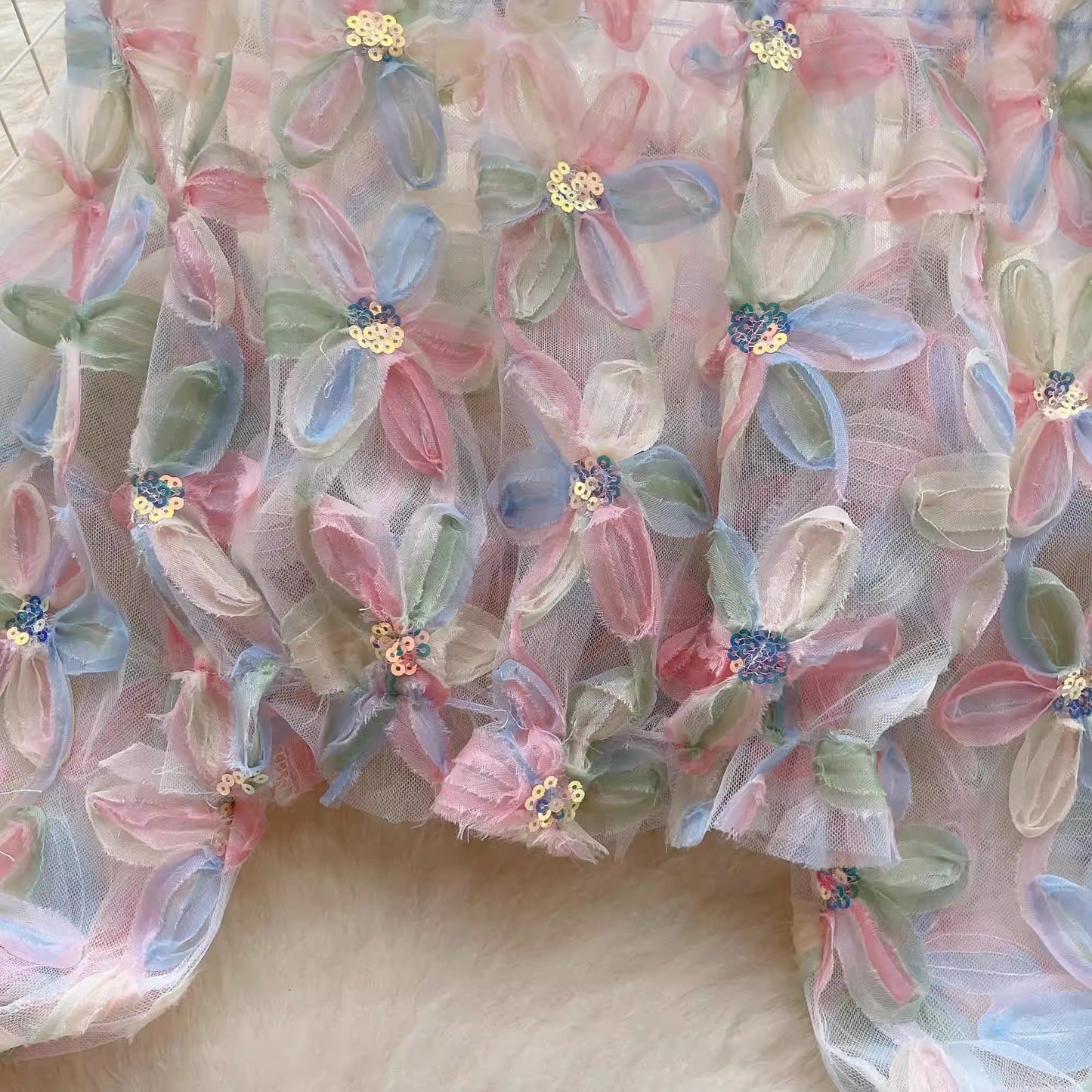 long-sleeved flower mesh shirt for women chic top S4656