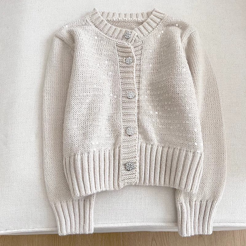 Solid color simple sequined round neck knitted cardigan long-sleeved sweater jacket S4786