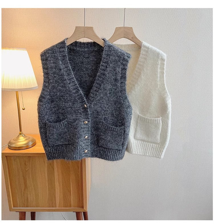 Retro V-neck knitted vest for women 2024 new style outer wear sleeveless vest jacket trendy S5026