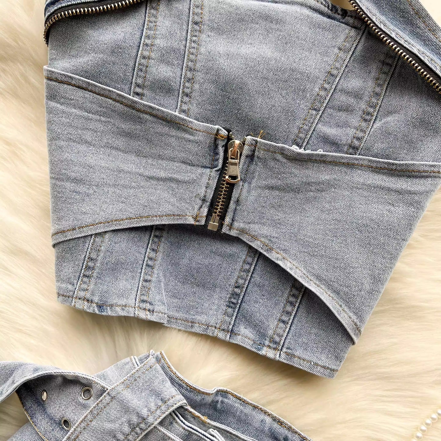 Street hot girl denim suit for women new halter neck short top two-piece set S4575