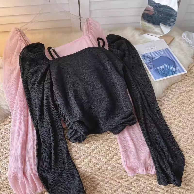 design beaded off-shoulder lantern sleeve shirt top women's short pleated top S4662