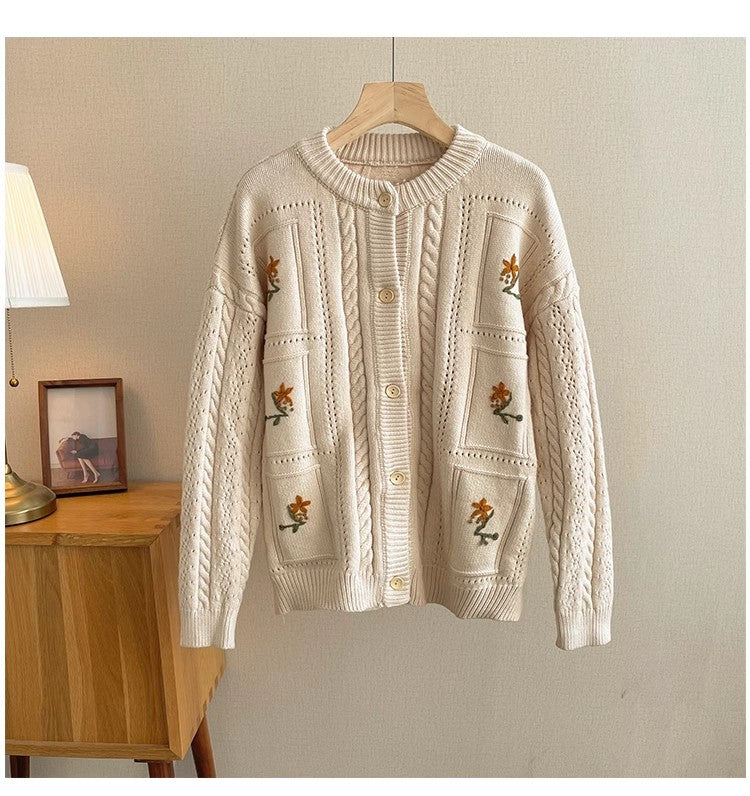embroidered round neck sweater jacket for women soft knitted cardigan S4807