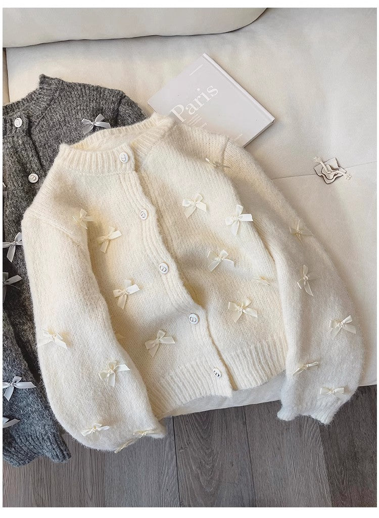 Design bow sweater coat women's long-sleeved knitted cardigan trendy S4857