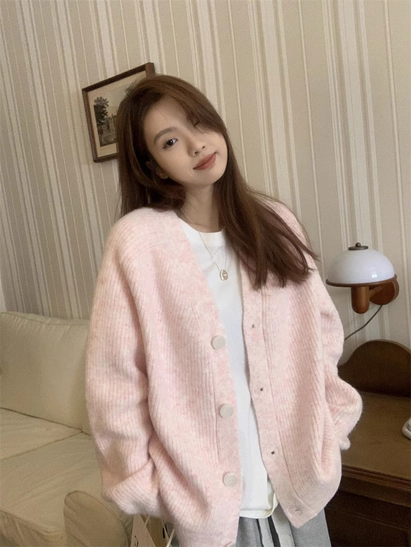 Sweet pink V-neck cardigan jacket long-sleeved sweater top S4714