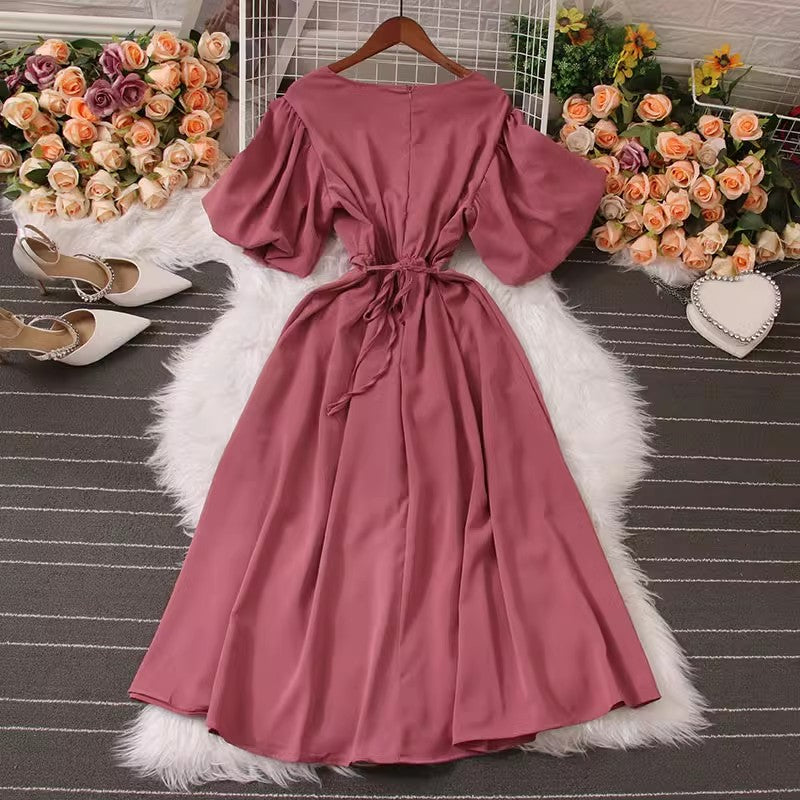 Puff short-sleeved round neck zipper back mid-length dress S5038