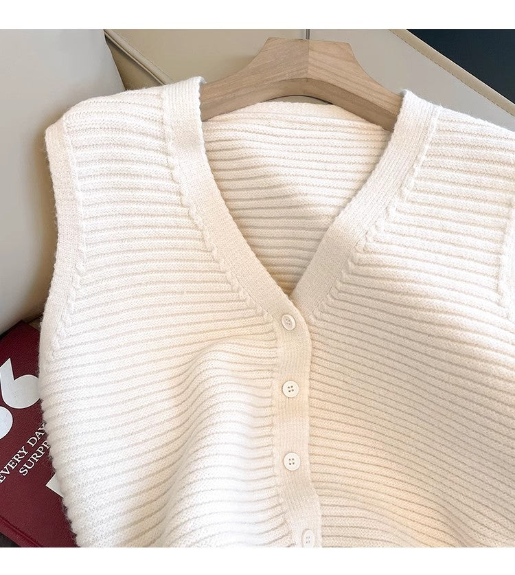 Solid color retro V-neck sleeveless knitted vest for women sleeveless top S5022