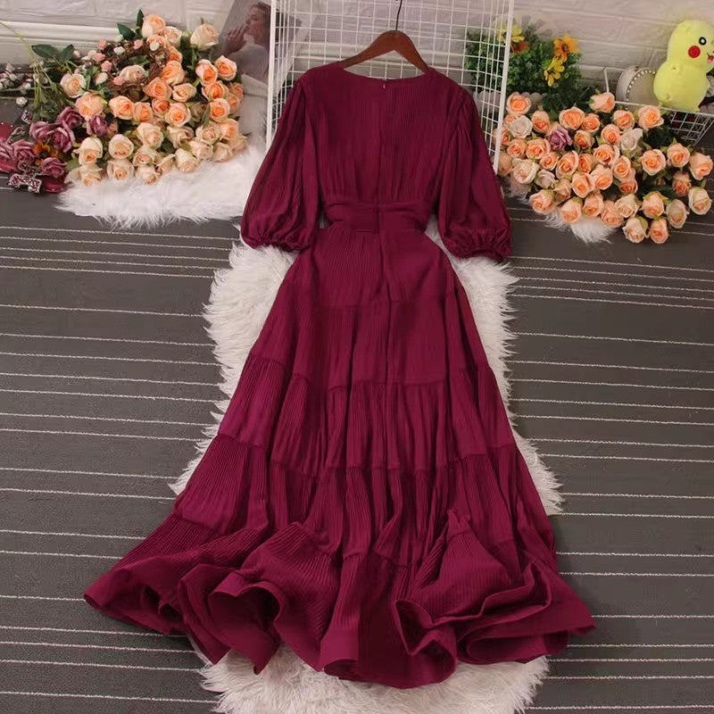 French retro pleated V-neck dress, summer puff sleeves skirt S5039