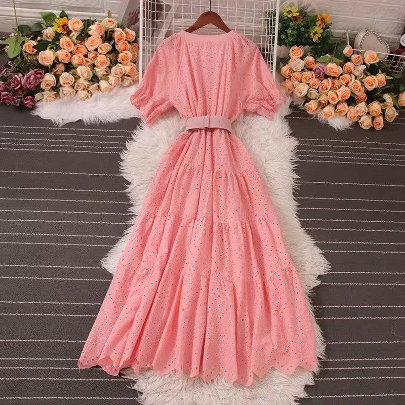 V-neck Puff Sleeve Dress Summer New Style Fashionable Long Skirt S5040